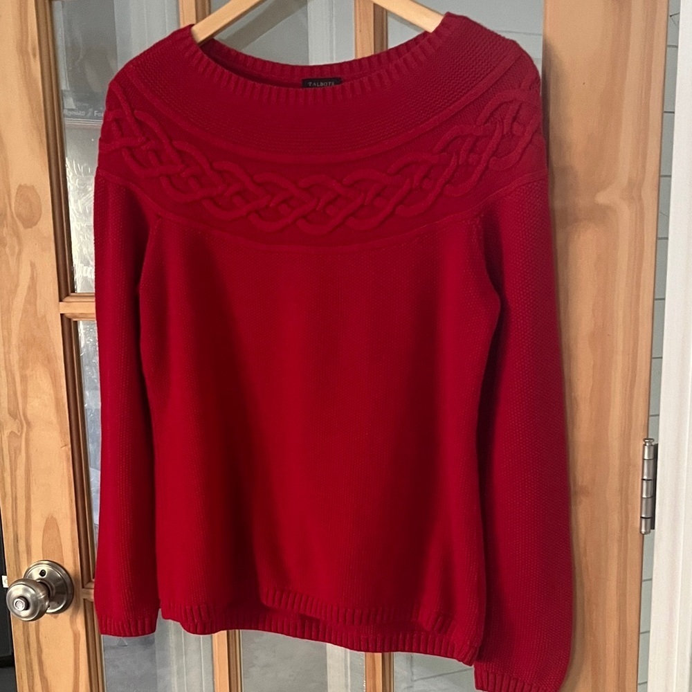 Talbots Black Label Cotton Cashmere Cherry Red Cable Knit Sweater Sz Medium